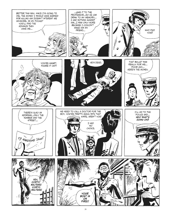 From the Corto Maltese story "“The Secret of Tristan Bantam”. Preview page 4.© Cong S.A., Switzerland. Art © Casterrman, Bruxelles. Corto Maltese ® & Hugo Pratt TM © Cong S.A., Switzerland. Translation © 2014 Dean Mullaney and Simone Castaldi. All rights reserved.