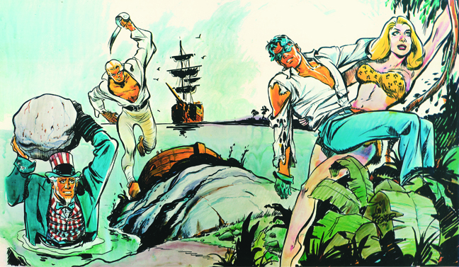 A nostalgic look back at Eisner’s early characters, 1974. Eisner’s poster combines the probable but unprecedented combination of the Spirit and Sheena, Queen of the Jungle, with less probable appearances by Uncle Sam and the Hawks of the Sea.