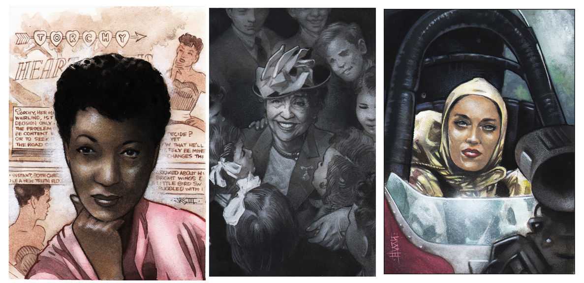 A few of the Women In Historical Action (left to right): Jackie Ormes, Helen Keller, and Shirley Muldowney.