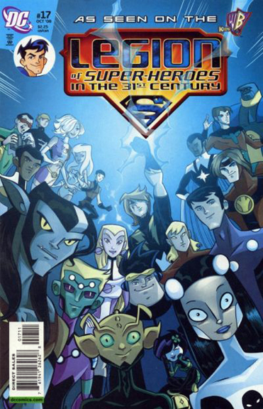 LSH characters on the cover of Legion of Super-Heroes in the 31st Century #17, roughly from left to right: Matter-Eater Lad, Element Lad, Triplicate Girl, Dream Girl, Karate Kid, Invisible Kid, Timber Wolf, Brainiac 5, Saturn Girl, Lightning Lad, Bouncing Boy, Chameleon Boy, Shrinking Violet, Phantom Girl, Element Lad, Cosmic Boy, Colossal Boy, Star Boy, Ultra Boy, and Blok. Please note that Superboy is not in this cover shot (although his head-shot is up in the left corner next to the logo).